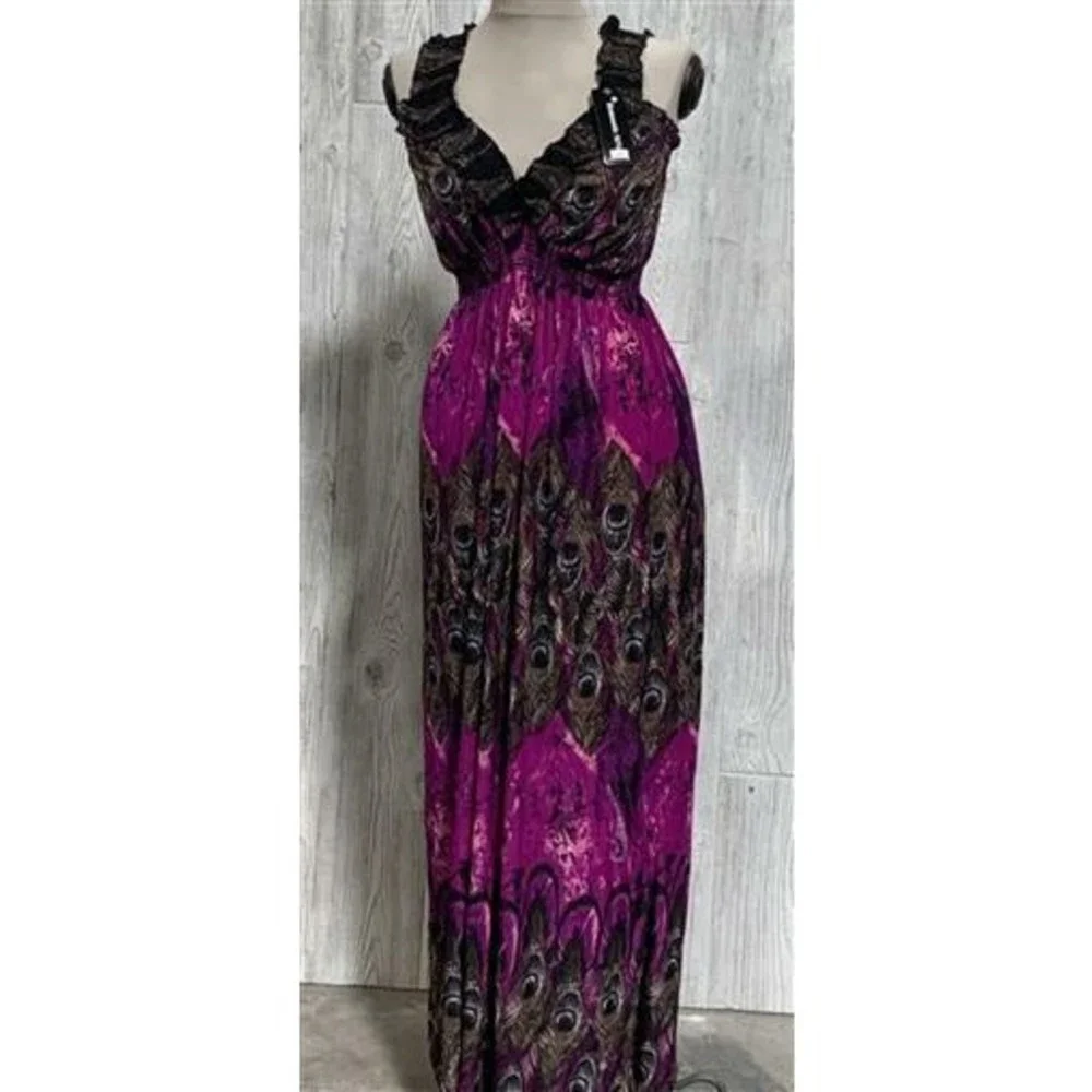 NWT V-Neck Sleeveless Purple & Peacock Print Stretch Maxi Dress Sundress M 09 - Picture 1 of 4